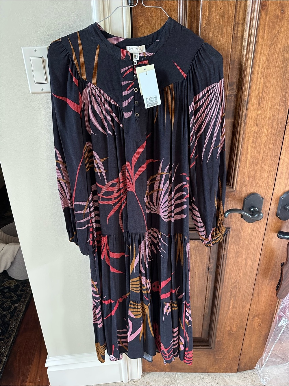 See by Chloé Black Long-Sleeve Midi Dress with Pink & Brown Leaf Print
